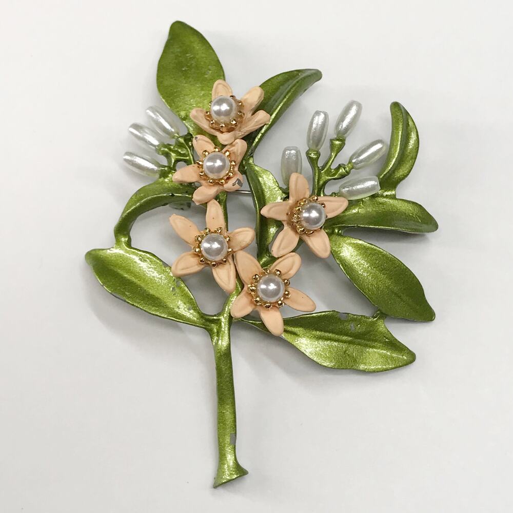 Vintage Enamel Lily Of The Valley Green Leaf Faux Seed Pearl Flower Brooch Pin